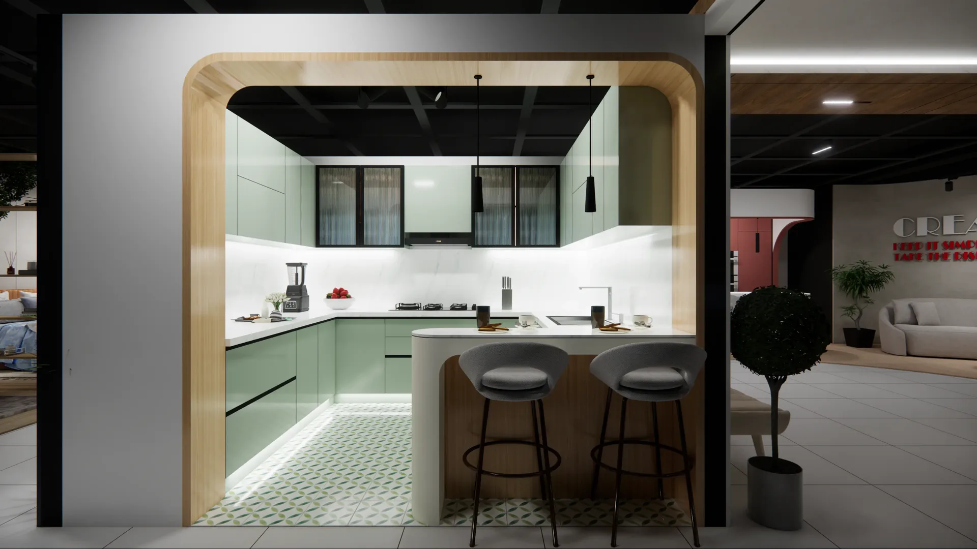 U-shaped kitchen display with breakfast counter at the Elvenwood Experience Centre in Bommasandra