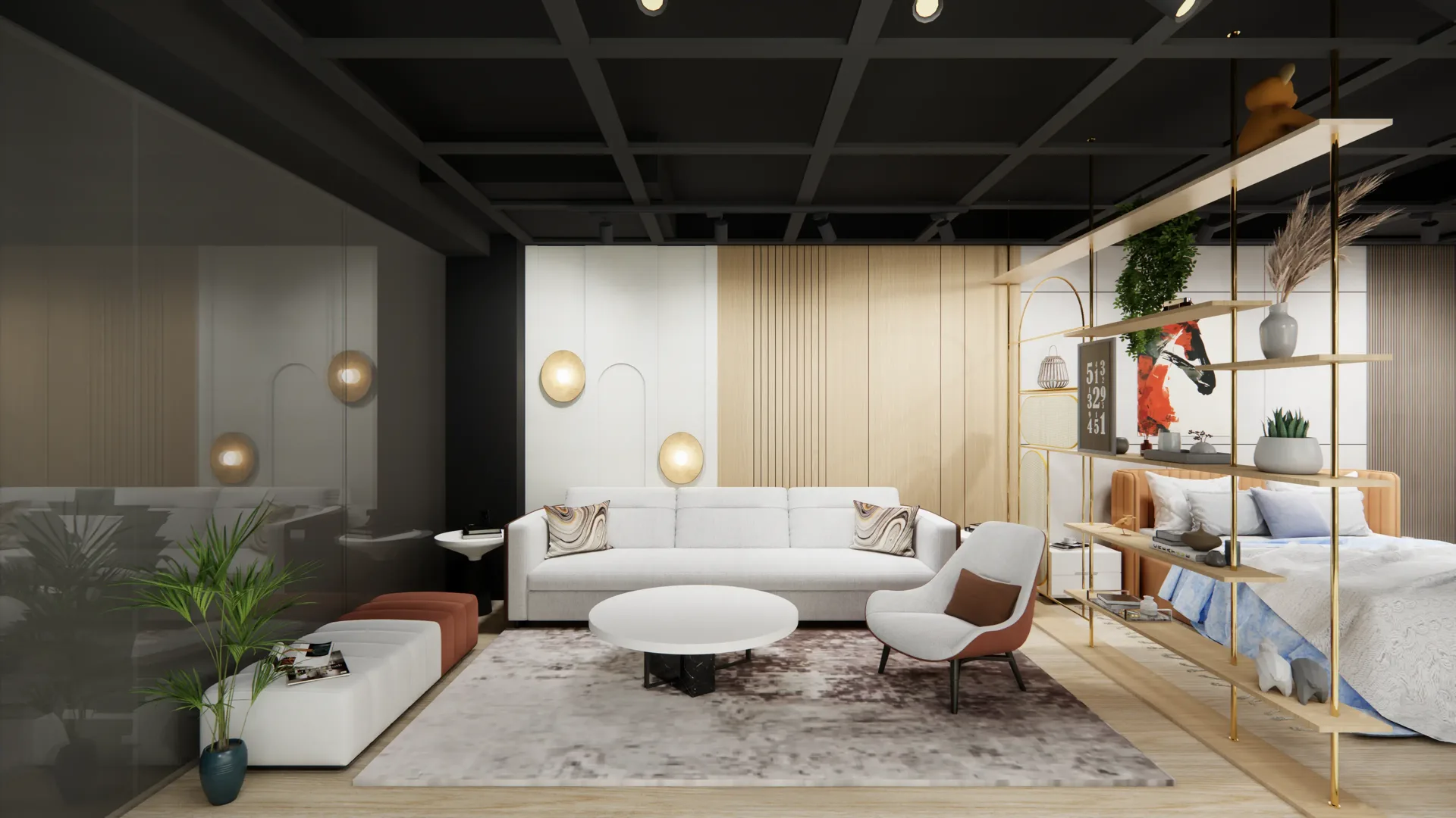 Full home interior living room with TV unit, lighting and modular storage
