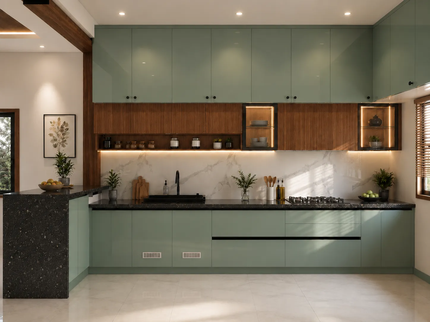 Sage green modular kitchen with walnut accents and granite countertop