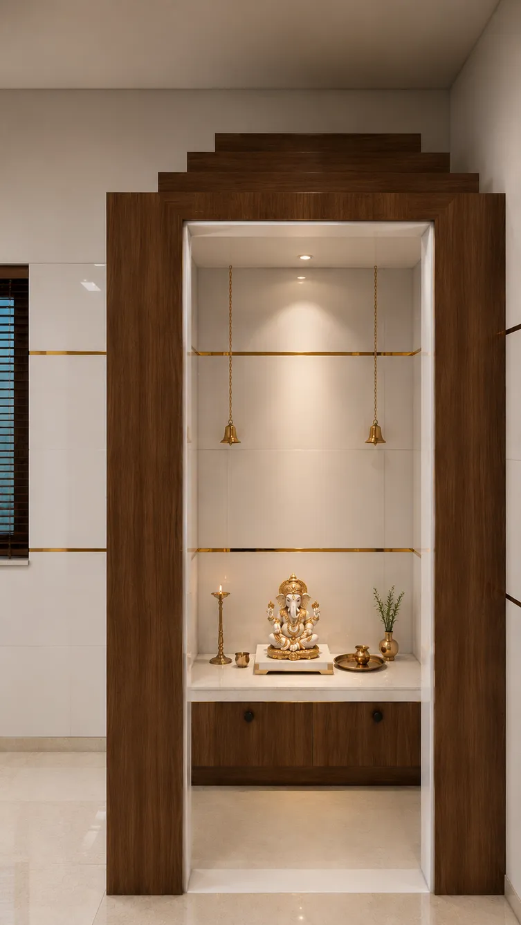 Traditional wooden pooja unit with brass bells and accent lighting