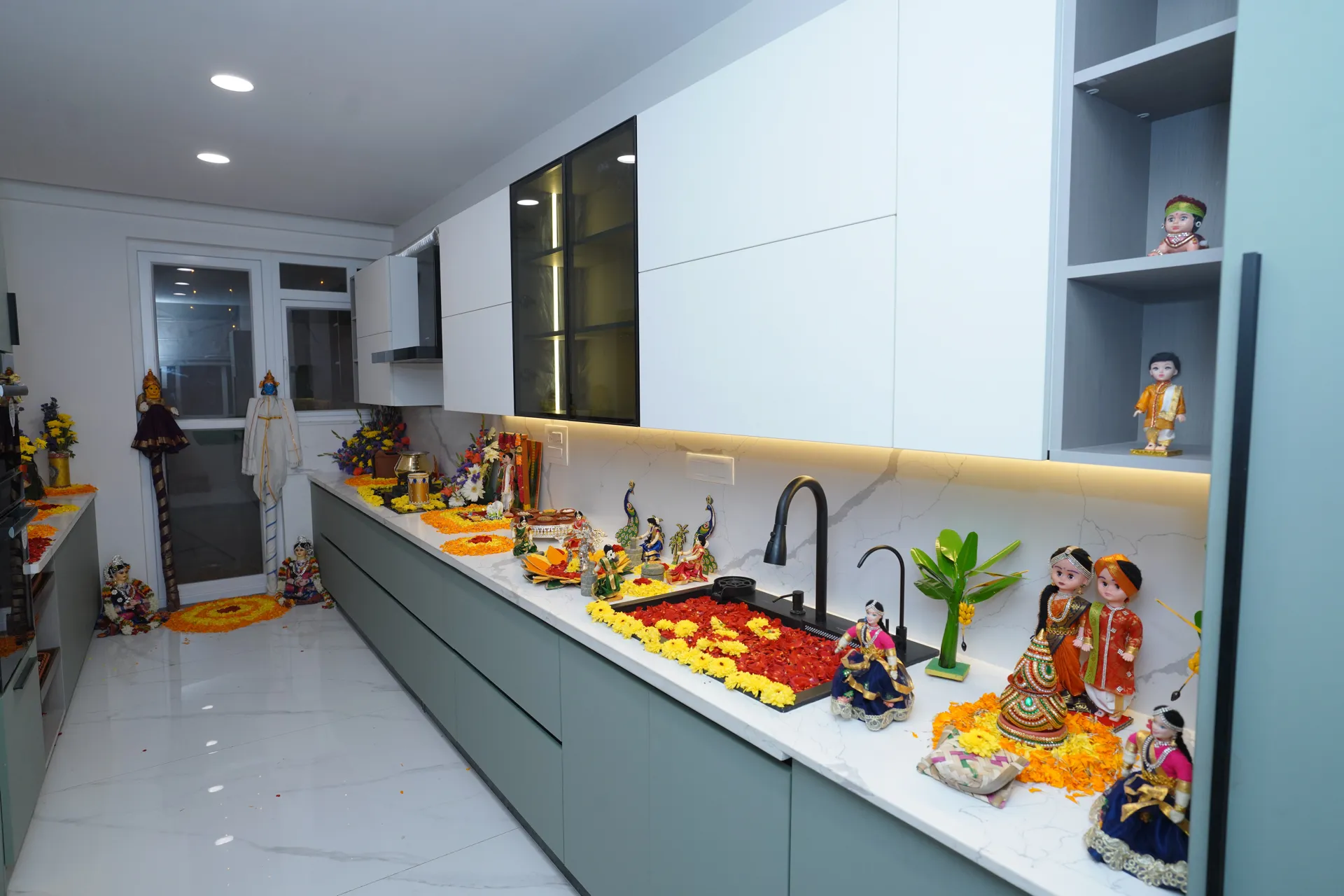 Sage-green and white parallel modular kitchen with marble-look counter, villa at SVS Silver Oaks, Heelalige