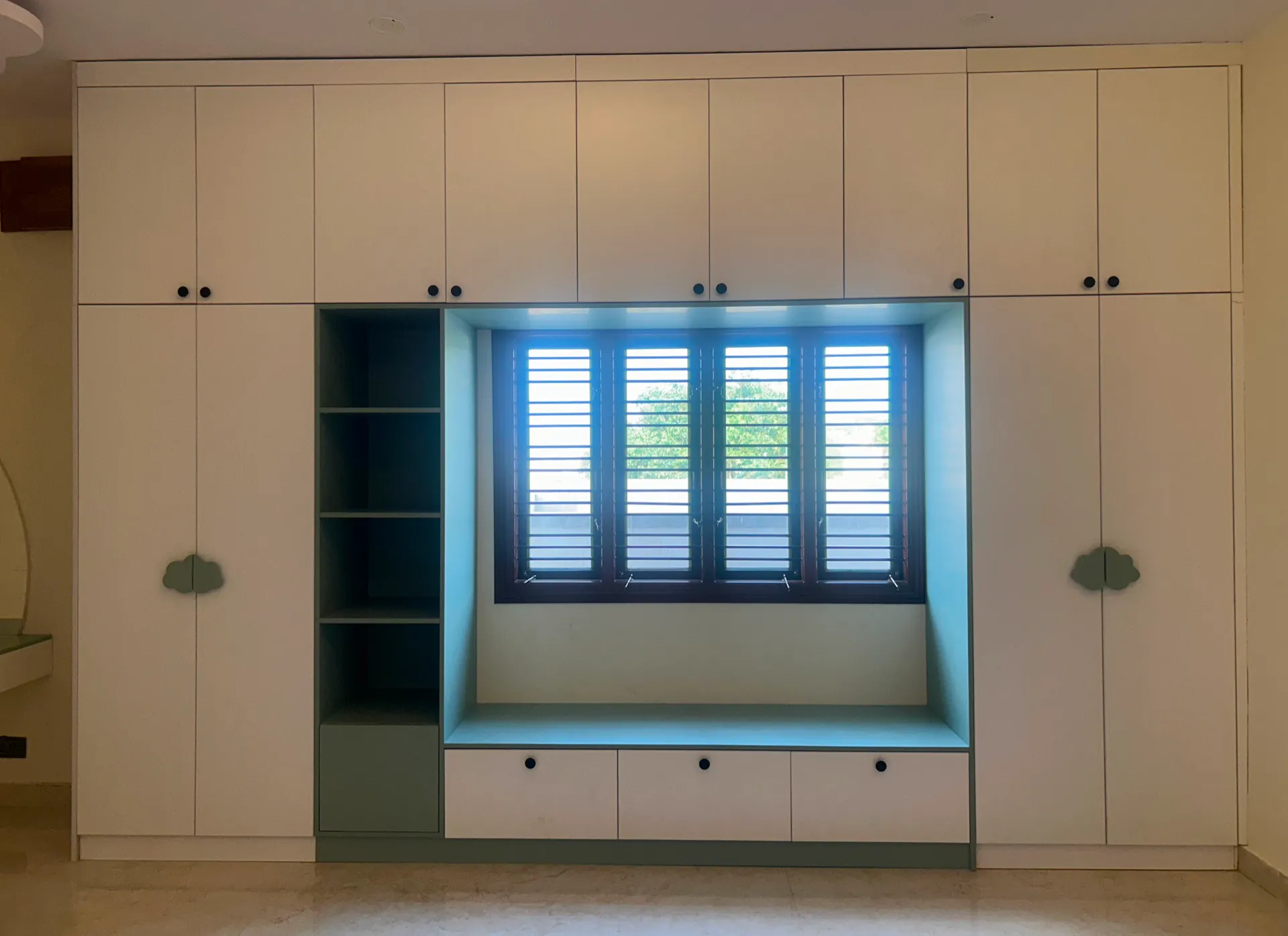 Full-wall wardrobe with integrated window seat and LED backlighting — completed Elvenwood project