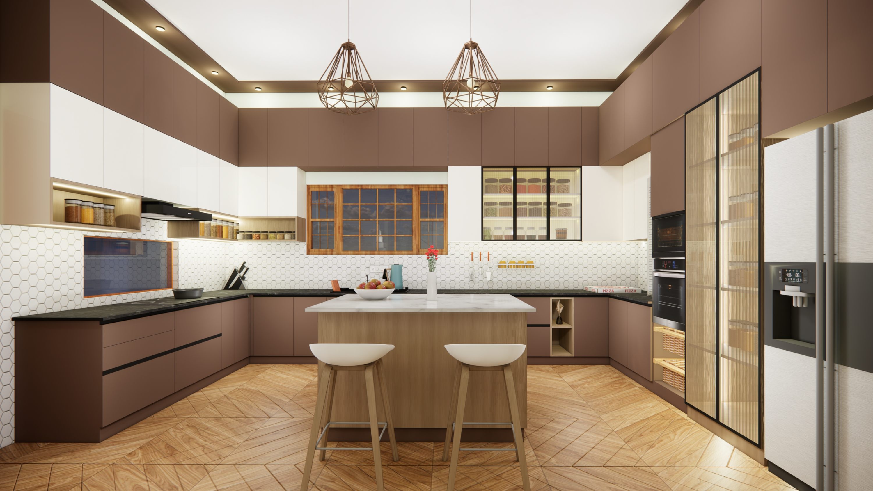 Modern modular kitchen design with minimalist aesthetics and smart storage solutions